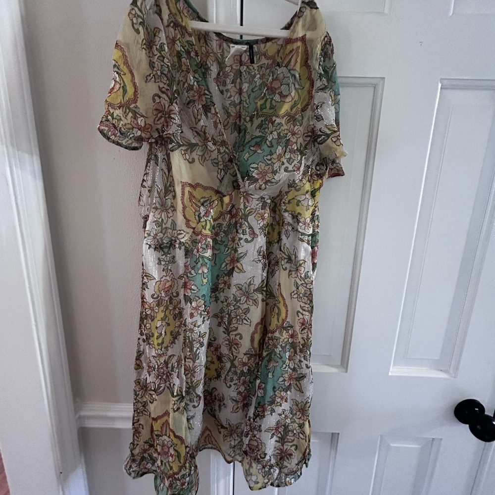 Anthropologie Floral Midi Dress - Yellow, Green, Cream